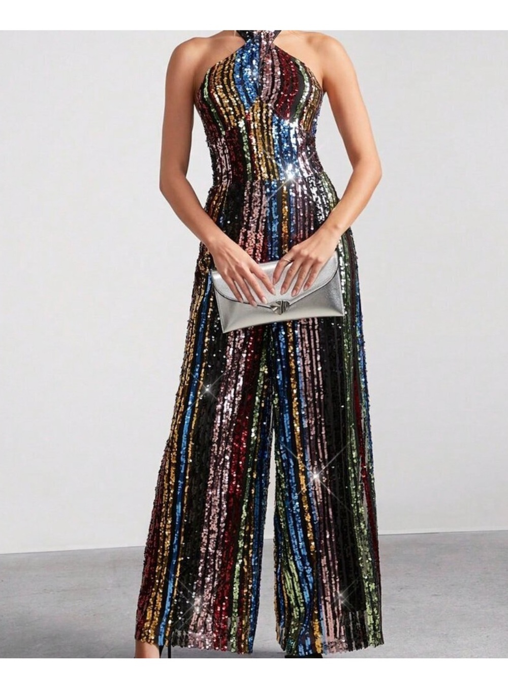 Rainbow Multicolor Sequin Party Halter Neck Women's Jumpsuit